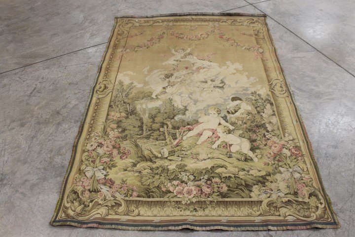 Early tapestry with numerous cupids in a landscape, pre: Early tapestry with numerous cupids in a landscape, previously hung in the home known as the Samuel Taylor house at 315 S. Maple Street in Winchester, KY. Has been archivally stored since 1936. App. 5