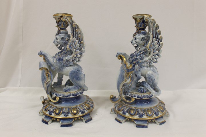 German porcelain heraldic Griffin candlesticks, app. 13