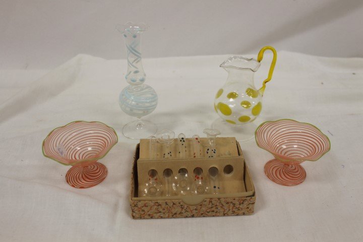 Bimini type crystal: 6" ruffle top vase with light blu: Bimini type crystal: 6" ruffle top vase with light blue swirling lines and blue opal ovals; footed creamer with yellow ovals and yellow handle; pair of orange swirl nut dishes with ruffle edge and app