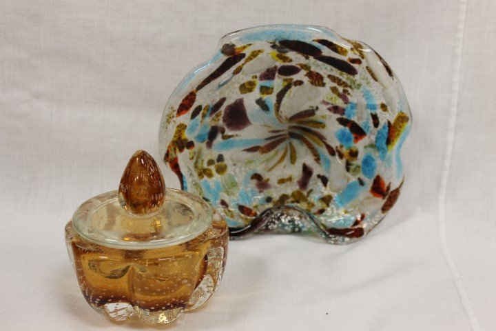 Murano-style multi-color flat bowl with silver flecks a: Murano-style multi-color flat bowl with silver flecks and amber cased dresser dish with suspension bubbles