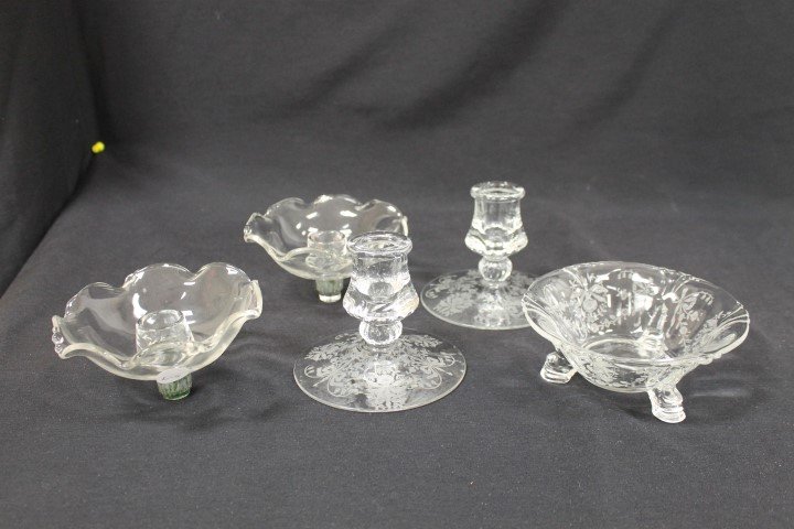 Heisey Waverly epergnettes, Empress individual nut dish: Heisey Waverly epergnettes, Empress individual nut dish with Orchid etching, Mercury pair 3 1/2" candlesticks with Orchid etching