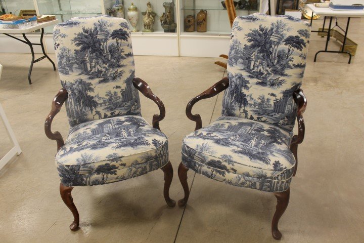 Queen Ann style reproduction arm chairs recently covere: Queen Ann style reproduction arm chairs recently covered with Peter Kaufman blue and white toile
