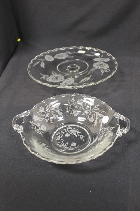 Fostoria Century cake stand with Camelia etching and 8 : Fostoria Century cake stand with Camelia etching and 8 1/2" handled bowl with Heather etching