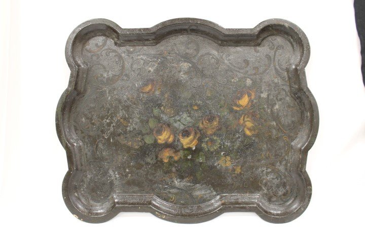 Large scalloped edge Tole tray with roses, 30 7/8" wide: Large scalloped edge Tole tray with roses, 30 7/8" wide, 24" tall