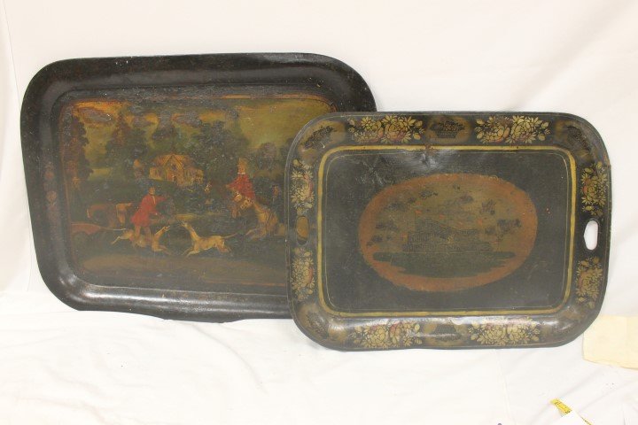 Tole trays, largest is 30" X 22" with hunt scene. Lots: Tole trays, largest is 30" X 22" with hunt scene. Lots of loss. Some minor denting.