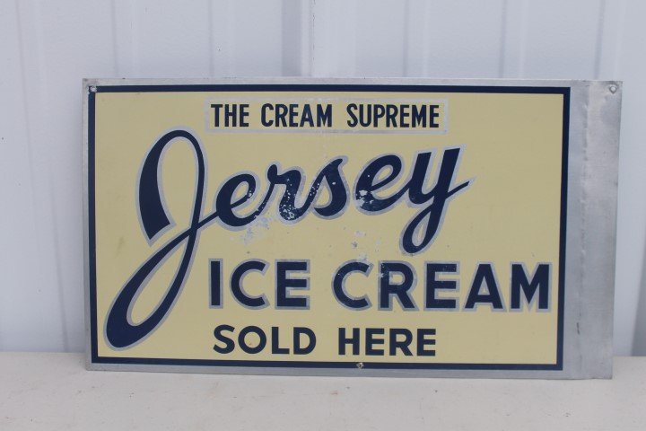Jersey Ice Cream double sided aluminum sign with: Jersey Ice Cream double sided aluminum sign with flattened flange. 9" X 16 1/4"