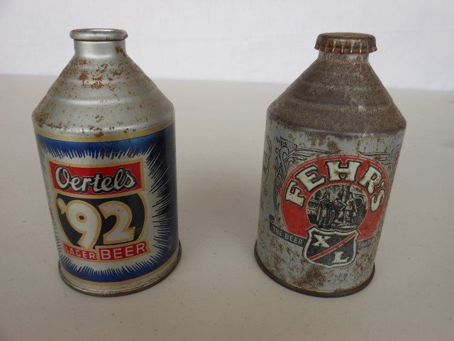 Cone top beer cans - Oertels '92 without cap, Fehr's: Cone top beer cans - Oertels '92 without cap, Fehr's with cap, 5 1/2" tall. Expected wear.