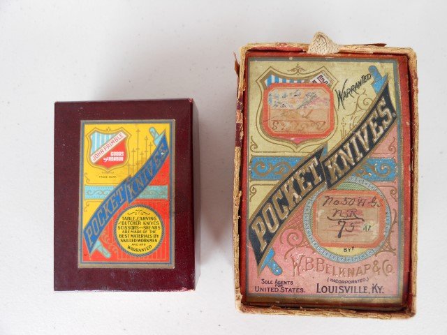 (2) John Primble cardboard Pocket Knife boxes. Largest: (2) John Primble cardboard Pocket Knife boxes. Largest is 4 1/2" X 3", smallest is 4" X 3". Expected wear.