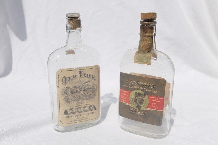 Old Tarr Whiskey - pint, The Stoll & Co. Lexington, KY: Old Tarr Whiskey - pint, The Stoll & Co. Lexington, KY with partial back stamp; H. McKenna's Old Fashioned Kentucky Whiskey, pint, Fairfield, Nelson Co., KY, with partial tax label, back tag with some