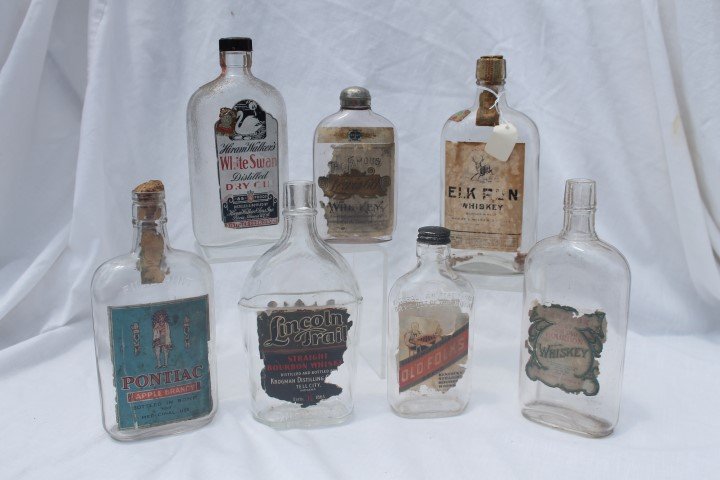Pontiac Apple Brandy, some loss, pint, partial tax: Pontiac Apple Brandy, some loss, pint, partial tax stamp, back label; Lincoln Trail Straight Bourbon Whiskey, Tell City, IN, pint, loss on labels; Old Folks Brand Kentucky Straight Bourbon Whiskey, ha