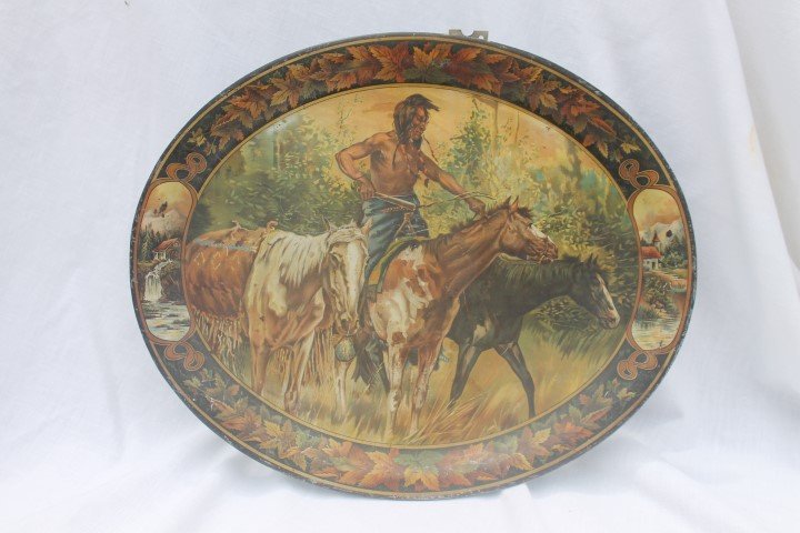 16 3/4" decorated granite tray with Indian and horses,: 16 3/4" decorated granite tray with Indian and horses, minor wear, J. Ernwine & Son Hardware, Cutting Tools, Screens, Granite Ware, Paints, Keys 542 W. Market St. Louisville, KY