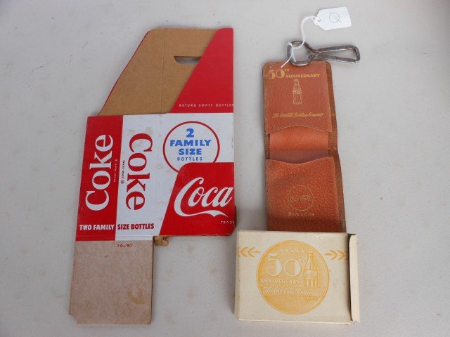 Coca-Cola items: 2-bottle carrier, 2 Q-162; opener;: Coca-Cola items: 2-bottle carrier, 2 Q-162; opener; 50th Anniversary leather wallet with box