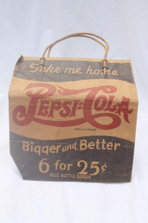 Pepsi-Cola double dot folding bag "Take one home -: Pepsi-Cola double dot folding bag "Take one home - Bigger and beter 6 for 25c plus Bottle Deposit"