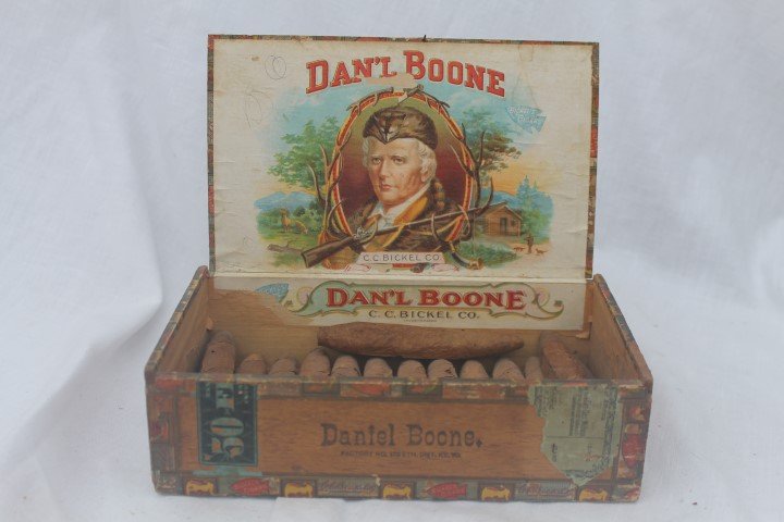 Dan'l Boone cigar box, C.C. Bickel Co. Bickels Cigars: Dan'l Boone cigar box, C.C. Bickel Co. Bickels Cigars with tax stamp, Louisville, Factory tag, 15 cigars