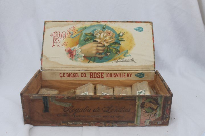 C.C. Bickel Co. Rose cigar box, Bickel's Cigars,: C.C. Bickel Co. Rose cigar box, Bickel's Cigars, Louisville, KY, Regalia de Londres, 13 cigar packages