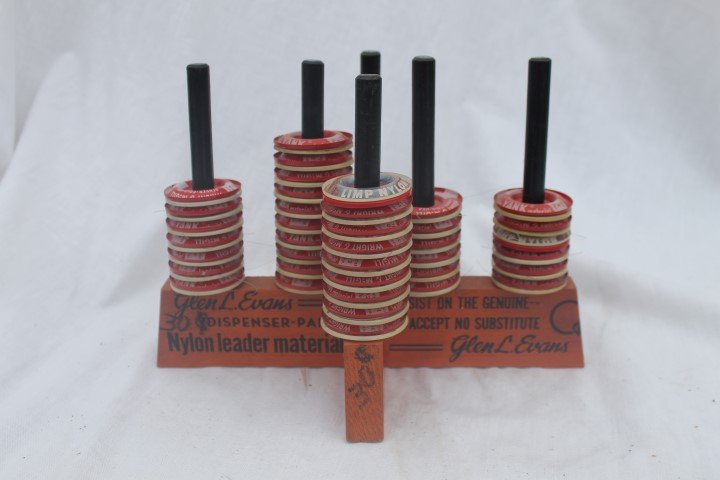 Glen L Evans "Dispenser-Pak" Nyon leader material with: Glen L Evans "Dispenser-Pak" Nyon leader material with nylon line packages, 10 1/2" long, 6 7/8" deep
