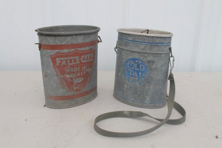 Falls City Wade-In Bucket, 7 3/4", minor rust, and Old: Falls City Wade-In Bucket, 7 3/4", minor rust, and Old Pal minnow bucket with strap