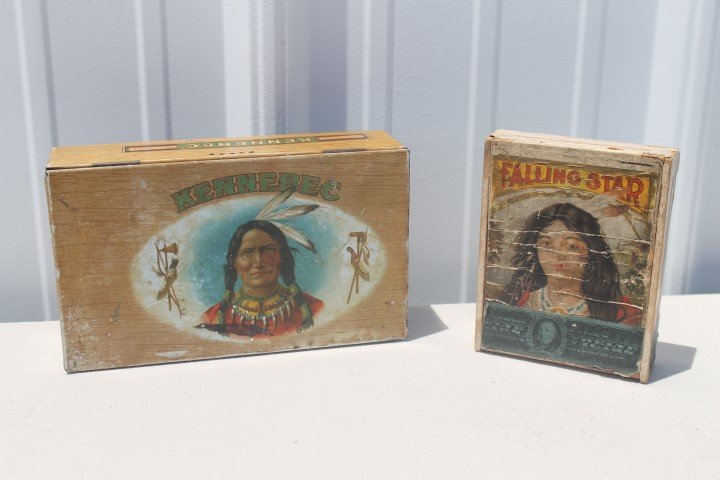 Kennebec Cigar tin, Falling Star Cigar box with tax: Kennebec Cigar tin, Falling Star Cigar box with tax stamp, wear and loss.