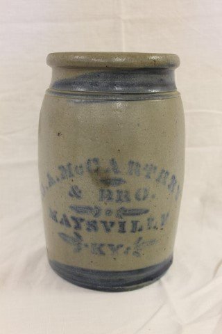 G.A. McCarthey & Bros. Maysville, KY one gallon stone: G.A. McCarthey & Bros. Maysville, KY one gallon stone jar. App. 9 3/4" tall. Minor staining.