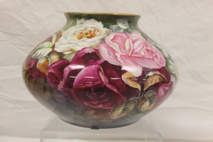 B&Co. Bernardaud & Co. Limoges bulbous squat vase: B&Co. Bernardaud & Co. Limoges bulbous squat vase signed Mulvany. All-over rose decoration, 7 3/4" tall, app. 11" wide at bronze rim.