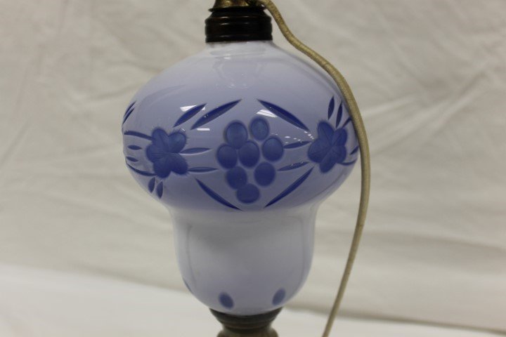 White cut to blue table lamp with marble base and: White cut to blue table lamp with marble base and reeded brass support column. Original oil lamp converted to electric with removable socket. 13 1/2" tall at the top of the oil cap.