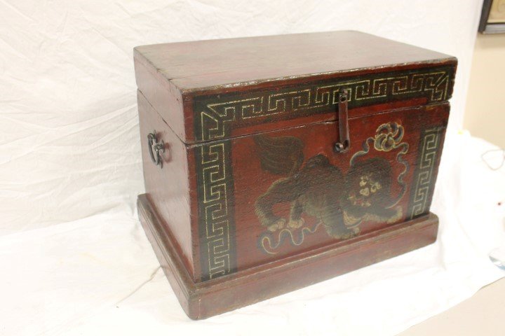 Decorated Chinese lacquered box, 20 7/8" wide, 15 1/8": Decorated Chinese lacquered box, 20 7/8" wide, 15 1/8" tall, 13 3/4" deep.