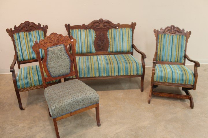 Eastlake style 4 pc. parlor set: Eastlake style 4 pc. parlor set with settee, platform rocker, are and side chair.
