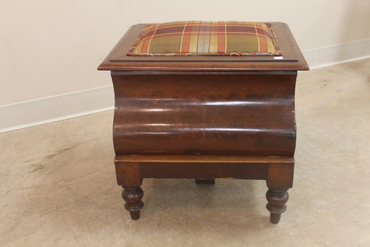 Empire chamber stand/stool: Empire chamber stand/stool with cushioned upholstered top. 18 5/8" wide, 16 3/8" deep, 16 1/2" tall. Tag on back reads "Carter Paterson Carriage Paid 30/10/28 Mrs. De. Lissa The Grey House 26 Central 