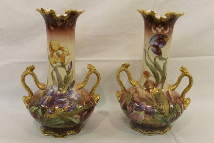 Martin China, Limoges, France pair of 13 1/8" Iris and: Martin China, Limoges, France pair of 13 1/8" Iris and Poppy decorated vases with gold highlights, sponging, and with gold handles, rim and base trim. White shading to deep maroon at top and base. Min
