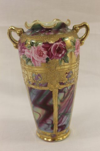 Unmarked Nippon 2-handle ruffle top vase with roses and: Unmarked Nippon 2-handle ruffle top vase with roses and beaded gold decoration with a multi-color slag-type background.