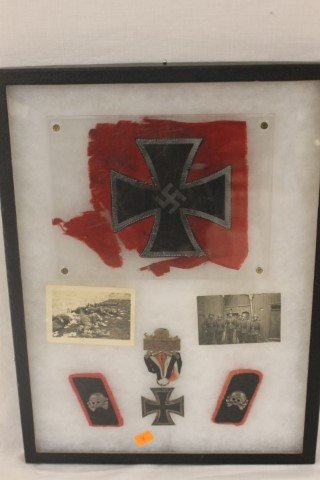 Collection of World War II items: rare Iron Cross flag: Collection of World War II items: rare Iron Cross flag fragment, a type flown by the Commander of the armed forces; two photos showing a firing squad and a group of deceased soldiers in SS uniform; tw