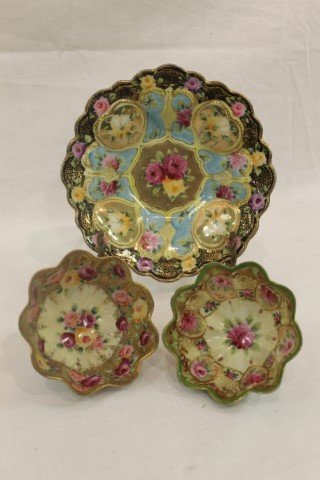 Royal Kinran Nippon 7 1/2" bowl with heavy gold: Royal Kinran Nippon 7 1/2" bowl with heavy gold decoration, roses, and beaded enamel on a light blue background with a deep green border; Royal Kinran Nippon 3 7/8" footed scalloped bowl with heavy be