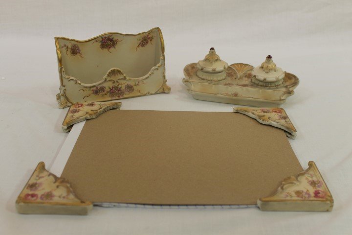 Hand Painted Royal China French Faience 6 pc. desk set: Hand Painted Royal China French Faience 6 pc. desk set with blotter corners, letter holder with double inkwell and pin tray, signed Louis.