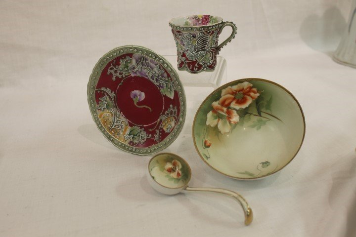 Unmarked moriage cup and saucer with winged Phoenix on: Unmarked moriage cup and saucer with winged Phoenix on cup. Some beading loss; Nippon green M with wreath ball foot floral, enamel and gold decorated 4 5/8" bowl with matching ladle