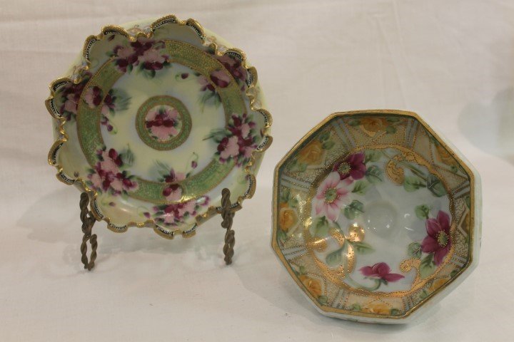 Nippon blue maple leaf ped bowl with roses, flower and: Nippon blue maple leaf ped bowl with roses, flower and banded and beaded gold decoration, 3 3/8" tall, 6 1/8" wide, with an unmarked crimped edge low 7 1/2" bowl with floral and beaded gold and enamel