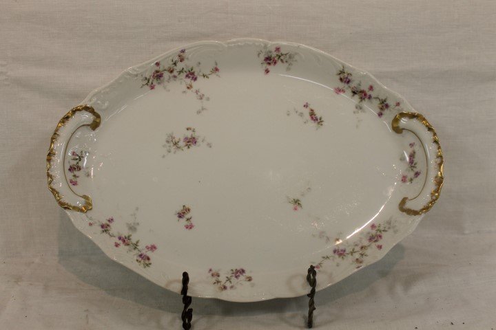 Theodore Haviland Limoges 18 1/2" platter: Theodore Haviland Limoges 18 1/2" platter decorated with roses and gold highlights at the handles.