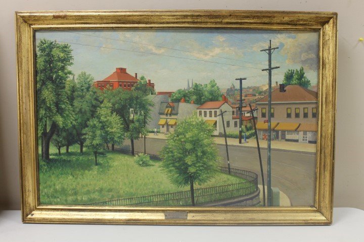Oil-on-canvas painting titled "Cor. Highland and Melish: Oil-on-canvas painting titled "Cor. Highland and Melish Mt. Auburn, Cinti, O. by M. Rikin" and signed lower left. App. 38 3/4" X 28 3/8" in frame. Cincinnati Art Museum Annual Exhibition of American A