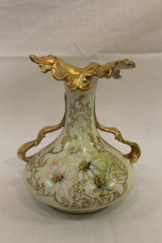 Pairpoint Limoges matte finish 2-handled vase with: Pairpoint Limoges matte finish 2-handled vase with floral decoration and ornate gold border and handles. 2004/131