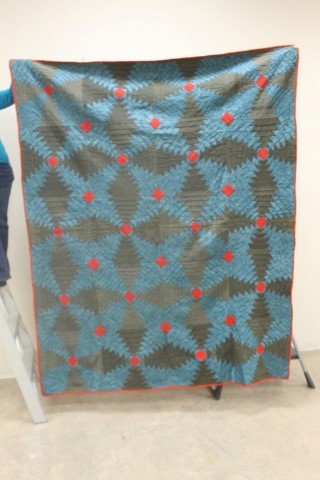 84 1/2" X 68" Pineapple and Log Cabin variation, with: 84 1/2" X 68" Pineapple and Log Cabin variation, with some wear. Vibrant colors.