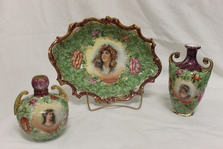 E.S. Royal Saxe: 11 1/8" oval portrait bowl with tight: E.S. Royal Saxe: 11 1/8" oval portrait bowl with tight line crack and blow-out on back, with heavy gold overpaint on base; 6 3/4" 2-handle portrait vase; and 5" bulbous vase. All with maroon border wi