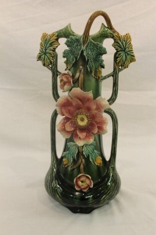 Unmarked 16" Capodimonte-style vase with applied leaf,: Unmarked 16" Capodimonte-style vase with applied leaf, flower and vine decoration. Loss on leaves below center flower, crazing.