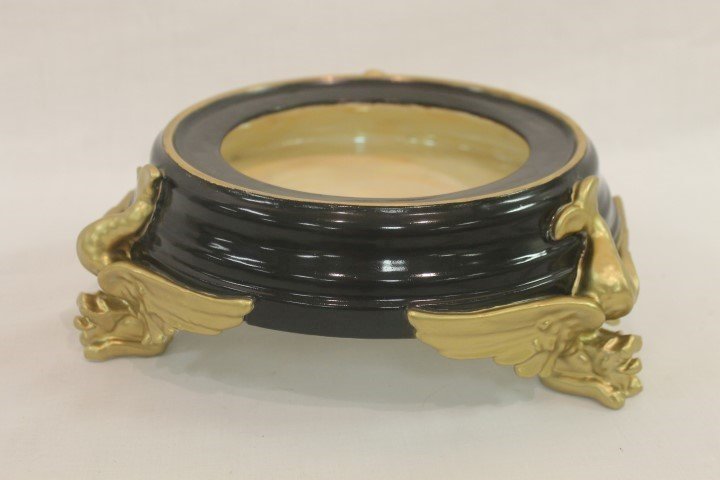 3 3/4" T&V Limoges 3-footed pedestal/standard with gold: 3 3/4" T&V Limoges 3-footed pedestal/standard with gold winged dolphin supports. Lower section app. 12" wide.
