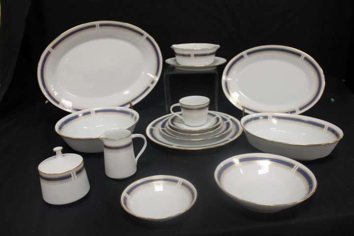95 piece set of Noritake Blue Dawn china: (12) 10 5/8": 95 piece set of Noritake Blue Dawn china: (12) 10 5/8" dinner plates - one with chip; (12) 8 1/4" dessert plates; (12) 7 3/8" soup bowls; (12) 6 3/8" bread and butter plates; (12) 5 3/8" berry bowls; 