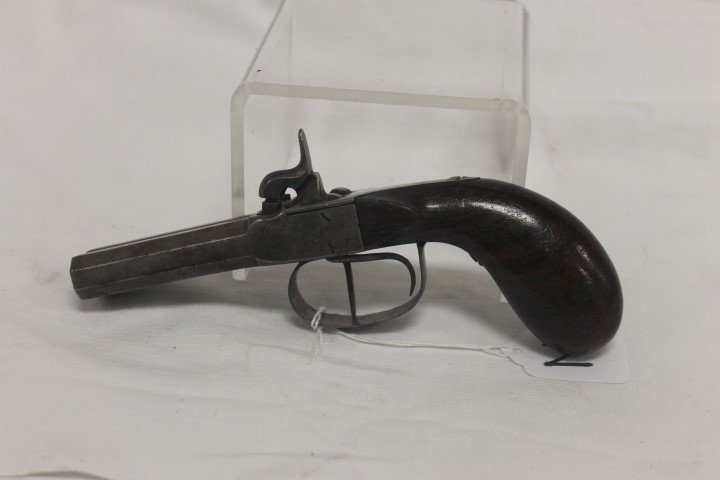 Belgian double barrel pocket pistol, c. 1850. One: Belgian double barrel pocket pistol, c. 1850. One hammer broken, marked "EP"on barrel, rosewood handle, app. 7 1/2" long.