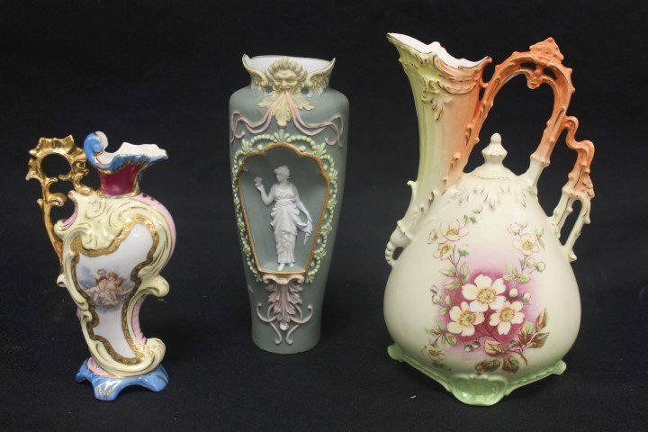 9 1/4" Vienna Austria ewer, 8 3/4" jasperware vase with: 9 1/4" Vienna Austria ewer, 8 3/4" jasperware vase with winged head at top - minor rim and base nicks, and 7" Austria ewer with trasfer decoration.