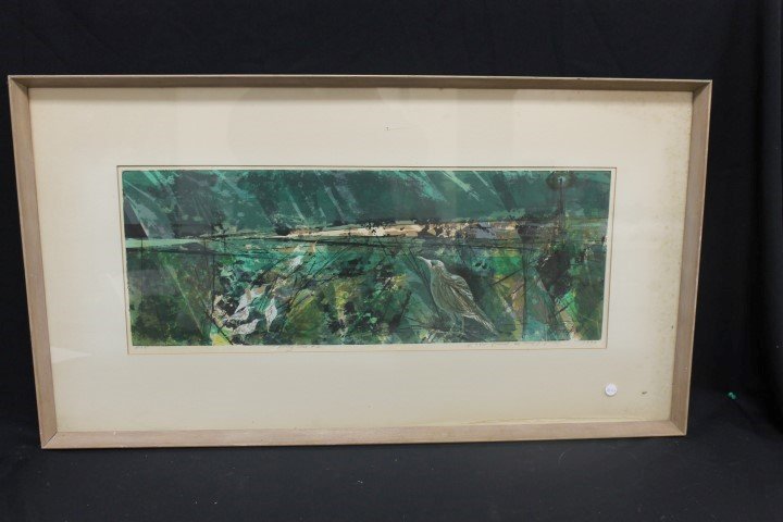 Bradford colored engraving titled "Spring Season #2",: Bradford colored engraving titled "Spring Season #2", numbered E75, signed lower right in pencil and dated 1959. 11 3/4" X 30 1/4" in frame.