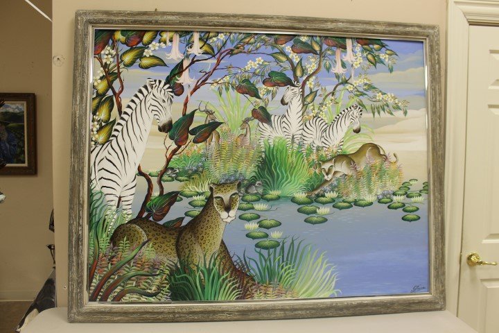 Gustavo Novoa (b. 1941 - Chilean) oil on board with 3: Gustavo Novoa (b. 1941 - Chilean) oil on board with 3 zebra, 2 leopards, 2 raccoon, and 2 prong horn antelope at a pool with water lillies, lily pads, colorful grasses and flowering branches. Very col