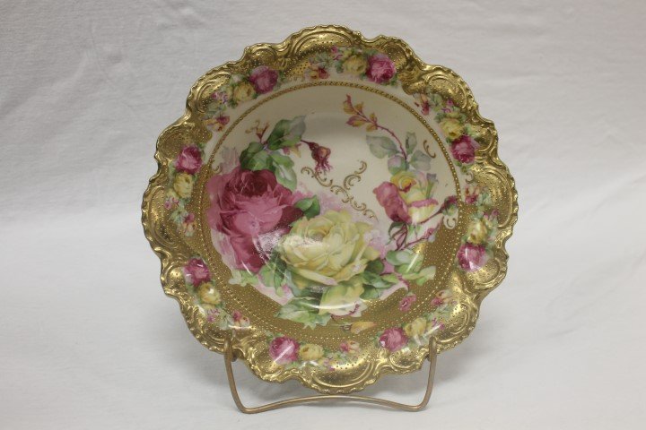 Unmarked Nippon 10" rose decorated bowl with heavy: Unmarked Nippon 10" rose decorated bowl with heavy beaded gold decoration