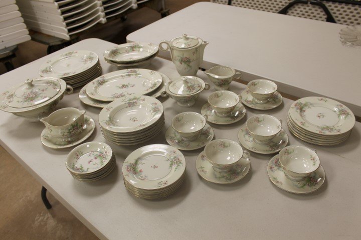 50+ pcs. Theodore Haviland New York "Apple Blossom": 50+ pcs. Theodore Haviland New York "Apple Blossom" china. 11 1/2" covered round vegetable, gravy boat and under tray, (8) 10 1/4" plates, 14 1/8" deep well platter, 11 3/4" deep well platter, (2) 9 3