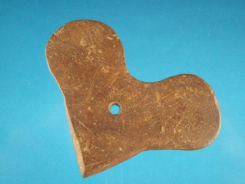 2 7/8” prehistorically salvaged red Claystone Reel: 2 7/8” prehistorically salvaged red Claystone Reel Gorget, Benton County, TN